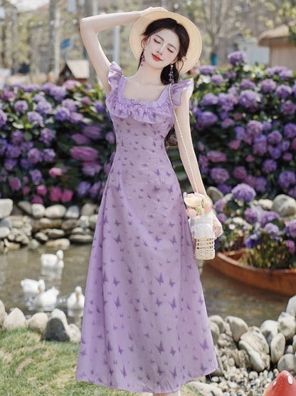 Summer French chic and beautiful purple suspender dress seaside vacation beach long skirt slimming temperament fairy