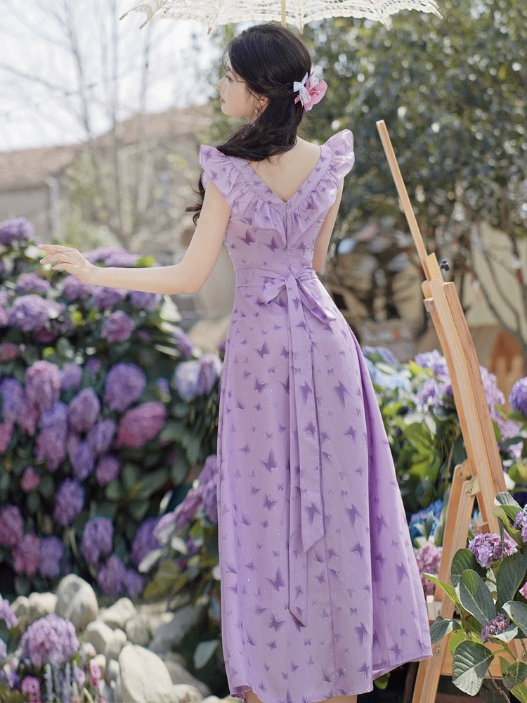 Summer French chic and beautiful purple suspender dress seaside vacation beach long skirt slimming temperament fairy