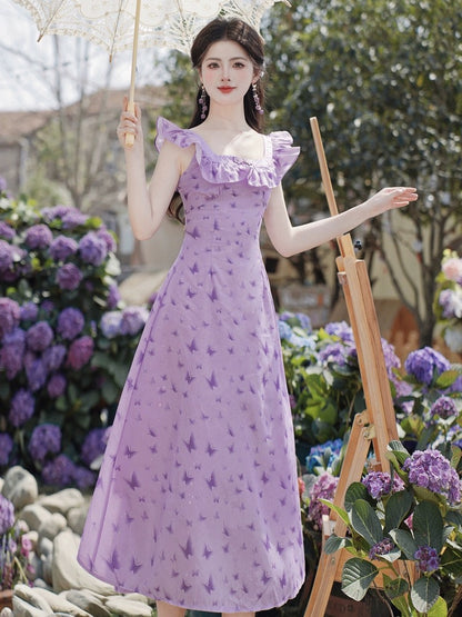 Summer French chic and beautiful purple suspender dress seaside vacation beach long skirt slimming temperament fairy