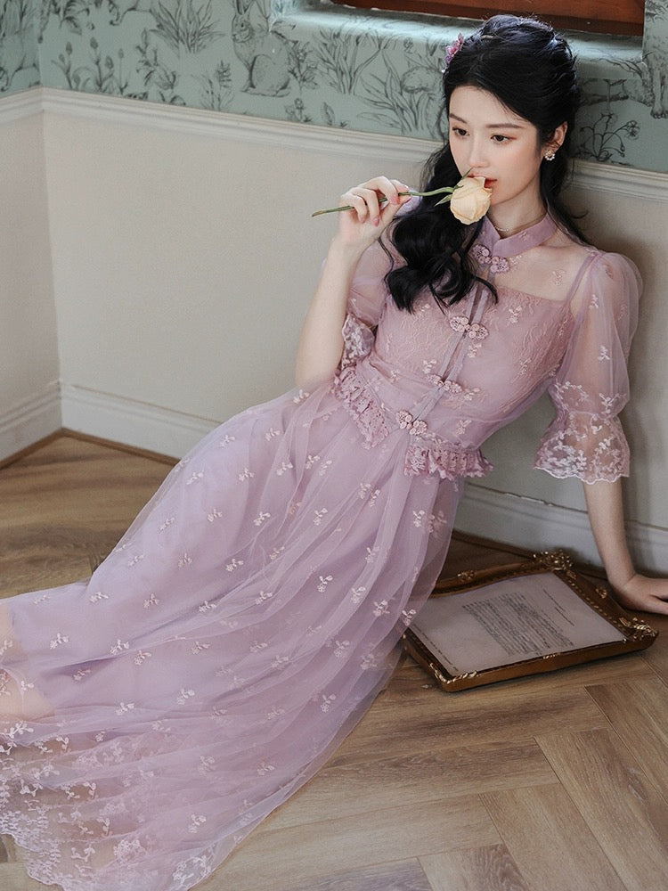 Summer 2023 new style retro new Chinese style buckle lace top embroidered suspender dress suit for women