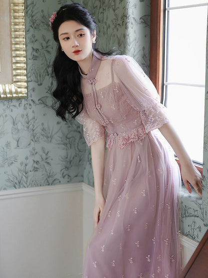 Summer 2023 new style retro new Chinese style buckle lace top embroidered suspender dress suit for women