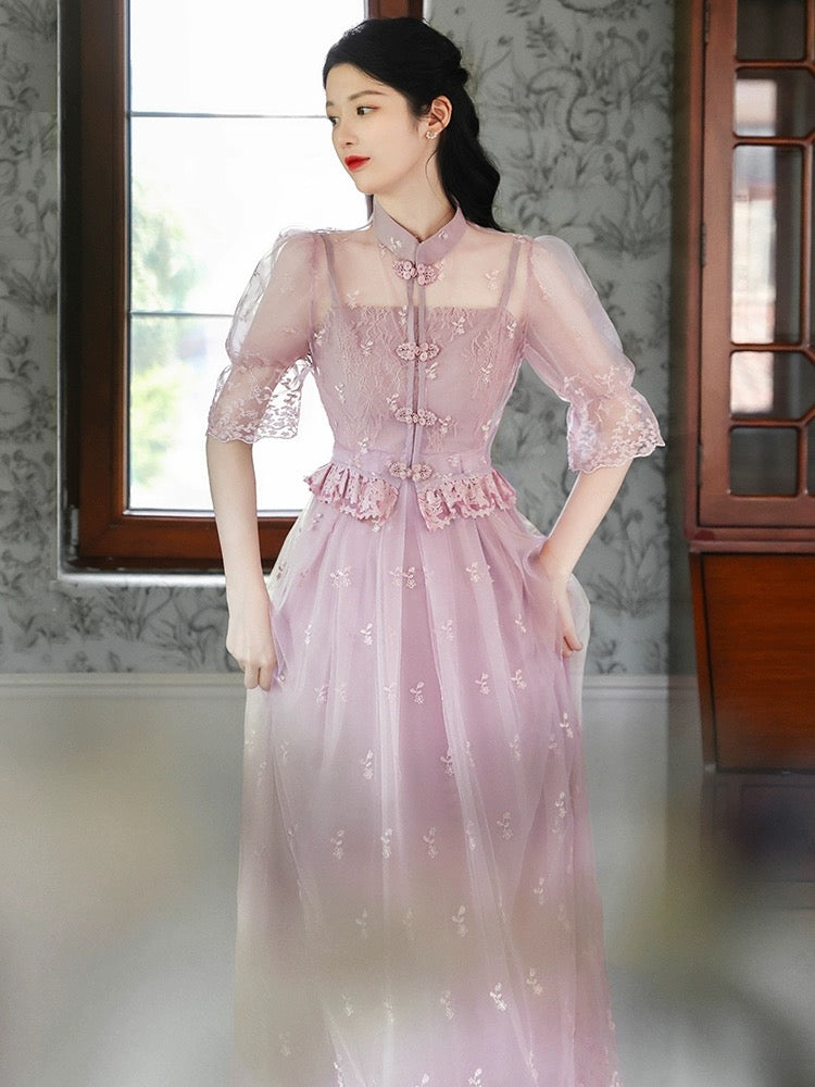 Summer 2023 new style retro new Chinese style buckle lace top embroidered suspender dress suit for women