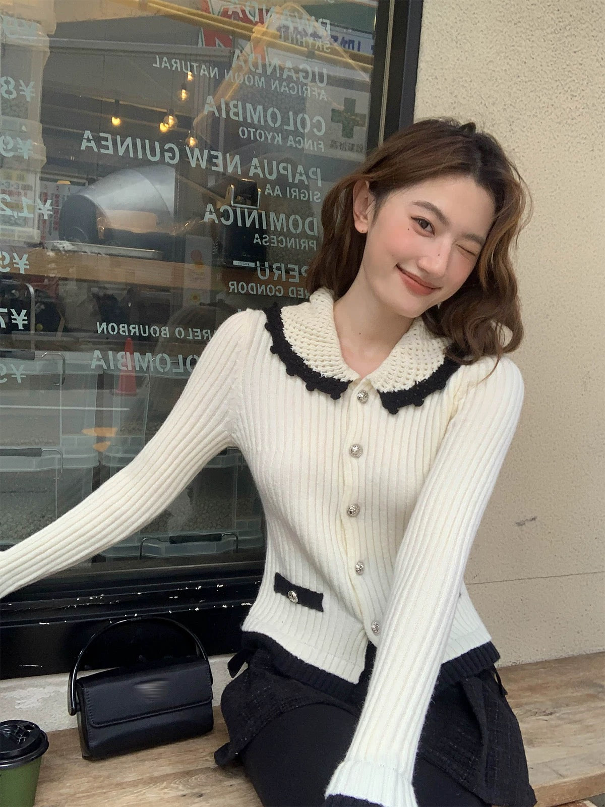 Hello Canon Contrast Color Crochet Lapel Pit Knitted Cardigan Women's Autumn New Slim Fit Chic Top