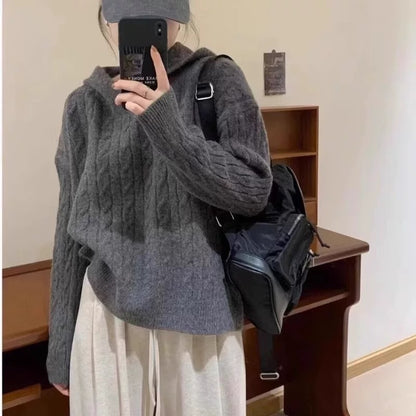 Twist sweater women's sweater autumn and winter 2024 hooded retro Japanese style lazy loose soft waxy sweater top