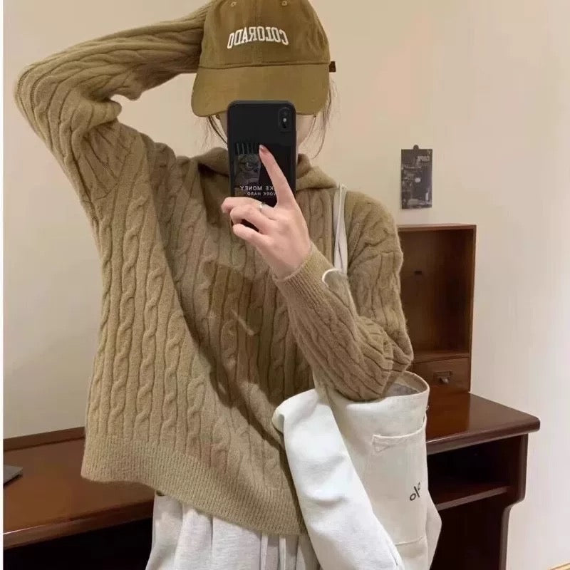 Twist sweater women's sweater autumn and winter 2024 hooded retro Japanese style lazy loose soft waxy sweater top