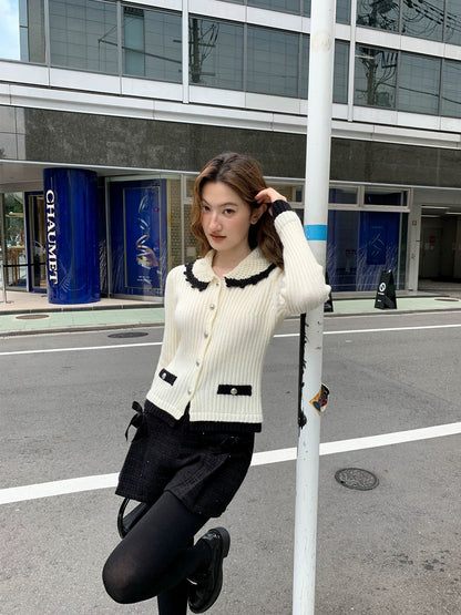 Hello Canon Contrast Color Crochet Lapel Pit Knitted Cardigan Women's Autumn New Slim Fit Chic Top