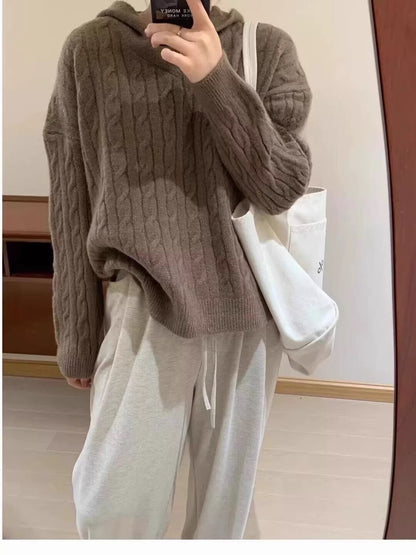 Twist sweater women's sweater autumn and winter 2024 hooded retro Japanese style lazy loose soft waxy sweater top