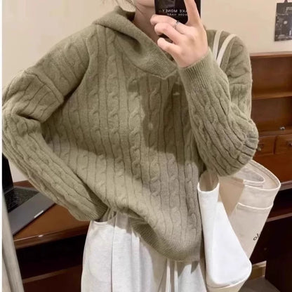 Twist sweater women's sweater autumn and winter 2024 hooded retro Japanese style lazy loose soft waxy sweater top