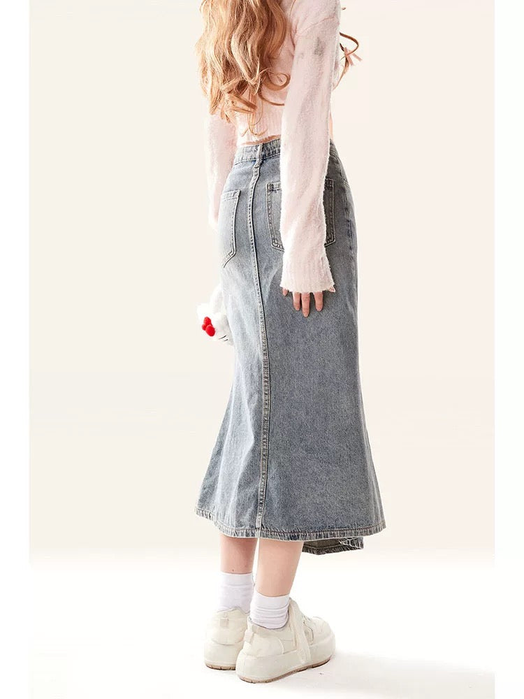 2024 early autumn new ruffled slit skirt for women, autumn style hot girl slimming a-line fishtail denim long skirt