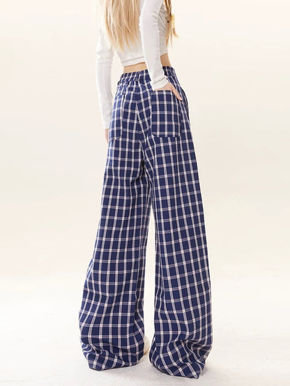 Blue Plaid Straight Casual Pants Women's 2024 Autumn New Lazy Wide Leg Loose Breasted Design Floor-Mopping Pants