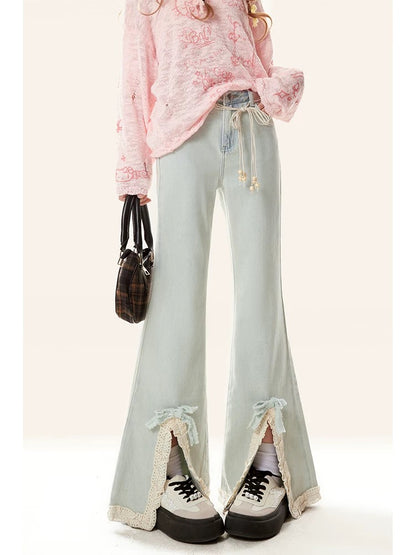 Natural light blue slit micro-flare jeans spring and autumn women's high-waist slim lace splicing long pants winter