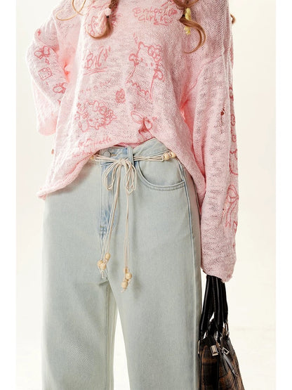 Natural light blue slit micro-flare jeans spring and autumn women's high-waist slim lace splicing long pants winter