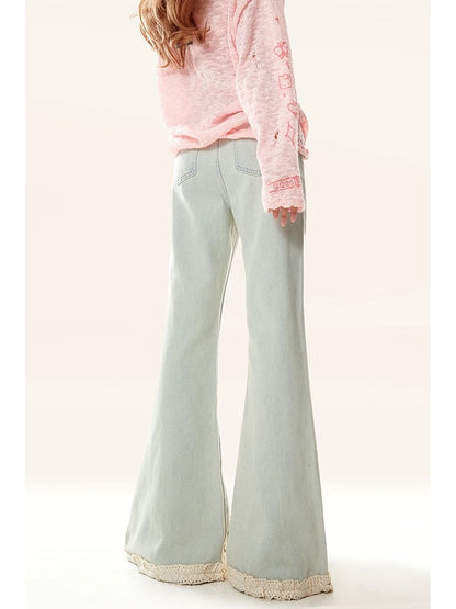 Natural light blue slit micro-flare jeans spring and autumn women's high-waist slim lace splicing long pants winter