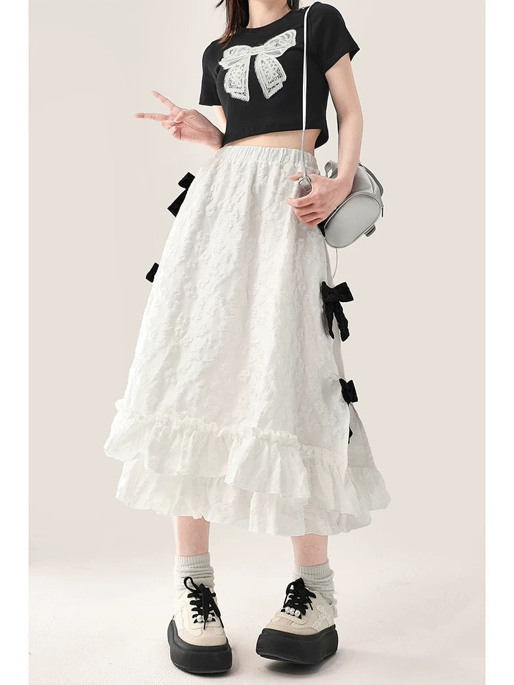 Bow-tie white skirt for women in early autumn new design Korean style loose A-line cake long skirt trendy