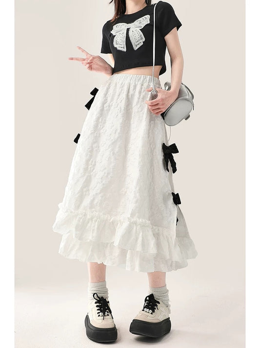 Bow-tie white skirt for women in early autumn new design Korean style loose A-line cake long skirt trendy