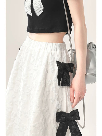 Bow-tie white skirt for women in early autumn new design Korean style loose A-line cake long skirt trendy