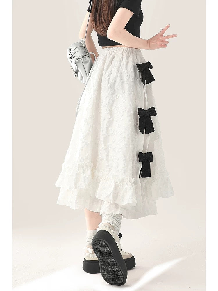 Bow-tie white skirt for women in early autumn new design Korean style loose A-line cake long skirt trendy