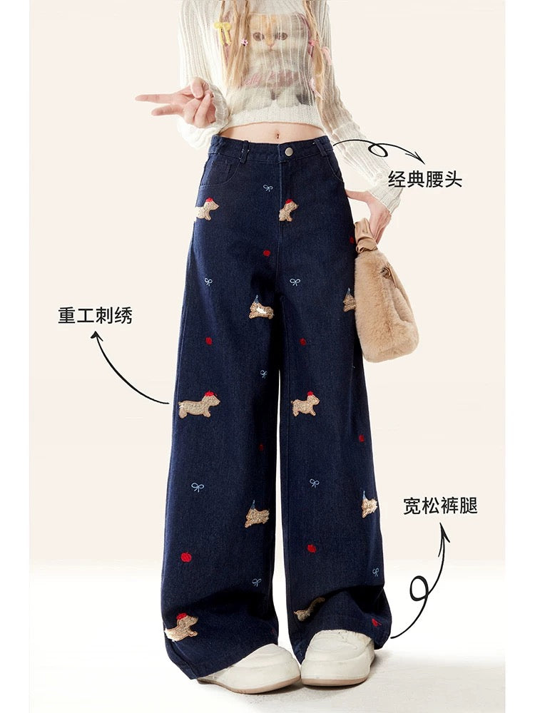 Natural blue puppy embroidered straight jeans for women autumn and winter 2024 new high waist wide leg loose long pants