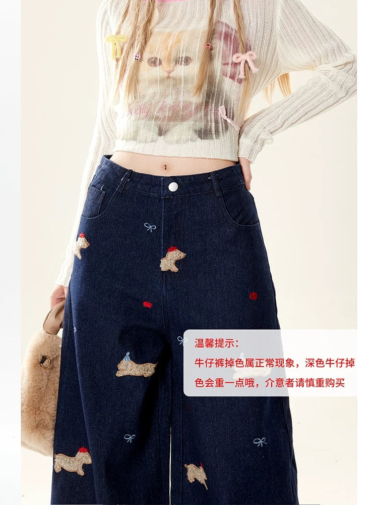 Natural blue puppy embroidered straight jeans for women autumn and winter 2024 new high waist wide leg loose long pants