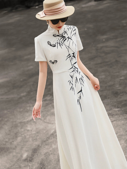 Lancer 2024 new summer style new Chinese style improved cheongsam dress ink print short-sleeved dress