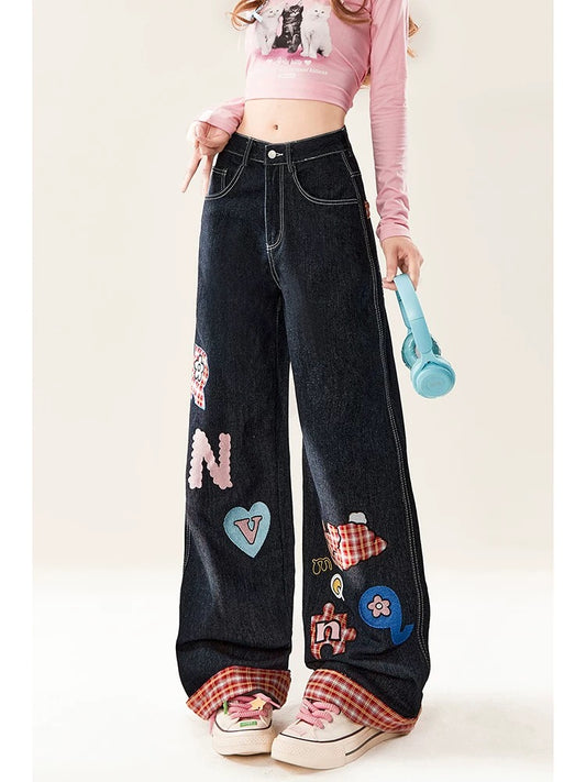 Natural cartoon embroidered jeans for women, spring and autumn style, cute little ones, loose wide-leg straight pants