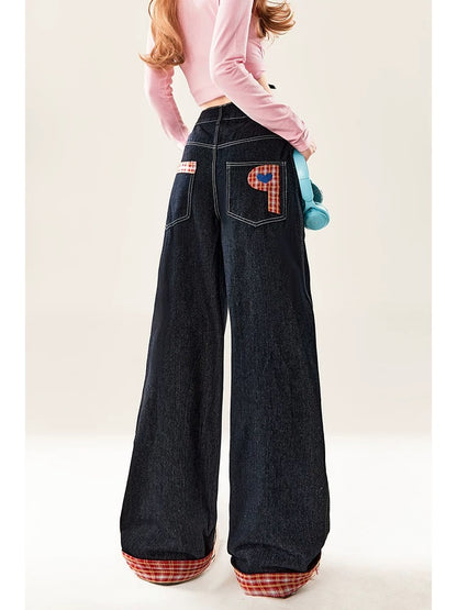 Natural cartoon embroidered jeans for women, spring and autumn style, cute little ones, loose wide-leg straight pants