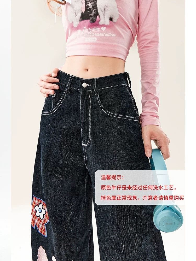 Natural cartoon embroidered jeans for women, spring and autumn style, cute little ones, loose wide-leg straight pants