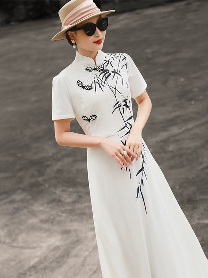 Lancer 2024 new summer style new Chinese style improved cheongsam dress ink print short-sleeved dress