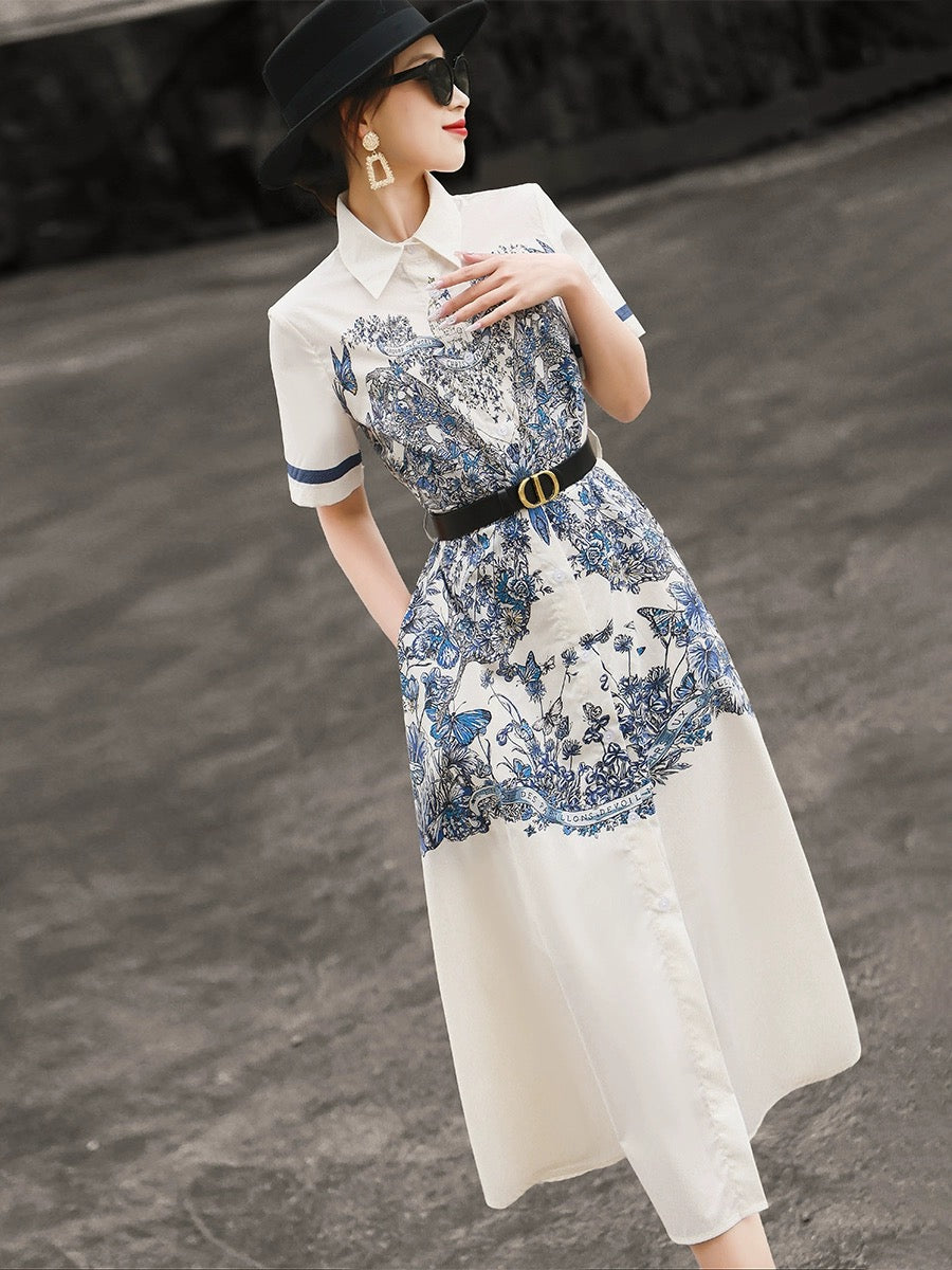 Lancer 2024 new spring style casual shirt dress single-breasted waist tie printed short-sleeved dress