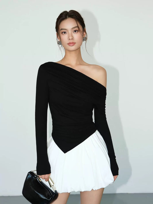 NEVA HU black one-shoulder long-sleeved bottoming shirt women's design 2024 autumn slimming off-shoulder top