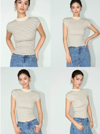 NEVA HU striped half turtleneck knitted bottoming shirt T-shirt for women 2024 autumn new slim fit inner top