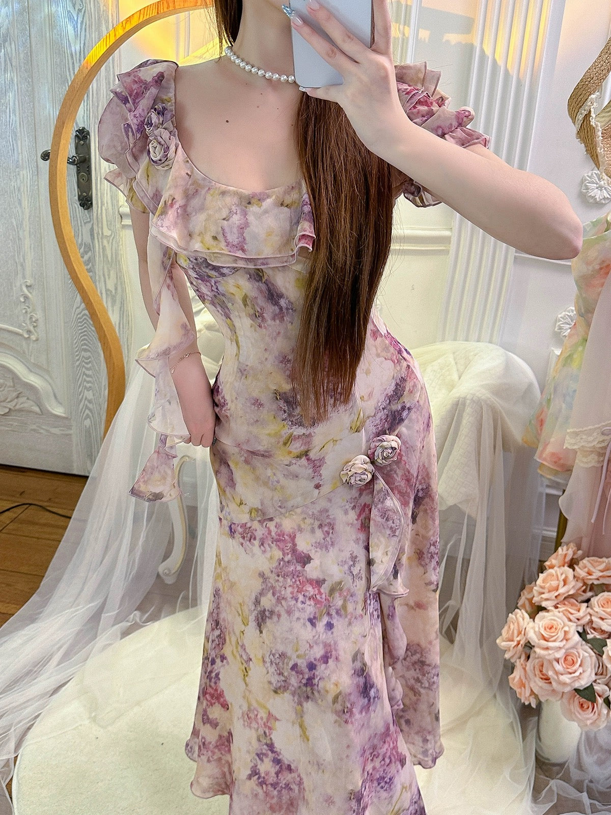 Bingbing is here | [Cinnamon Purple Smoke] High-end niche printed hip-hugging dress pure lust slit long skirt