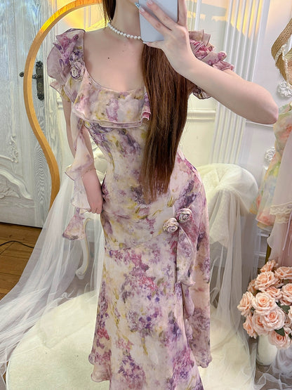 Bingbing is here | [Cinnamon Purple Smoke] High-end niche printed hip-hugging dress pure lust slit long skirt