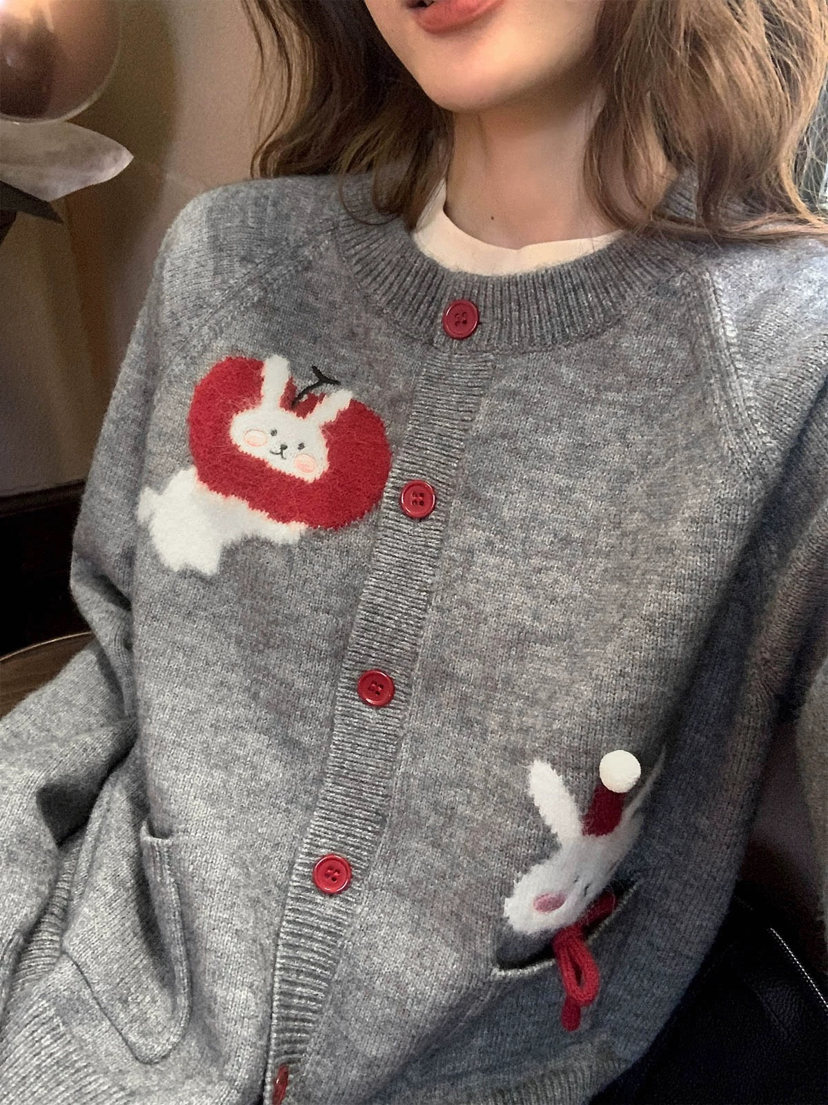 Hello Canon Age-Reducing Cartoon Rabbit Jacquard Knitted Cardigan Women's Autumn New Loose Slim Top