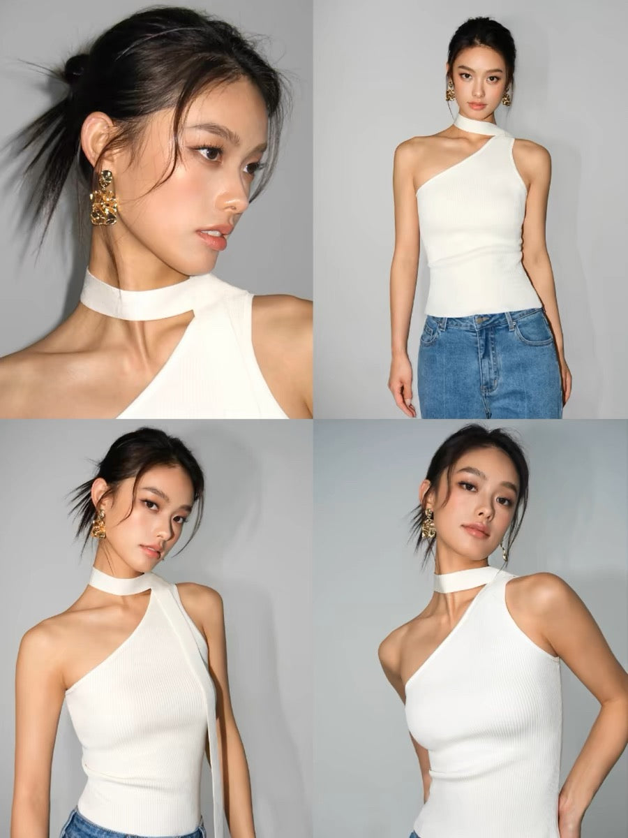 NEVA HU Black Slanted Shoulder Knitted Vest Women's Summer Suspender Slim Fit Sleeveless Sloping Collar One-Shoulder Top