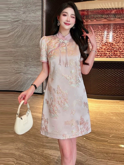 New Chinese style national style dress advanced improved cheongsam gold thread embroidery sweet temperament foreign style skirt women summer