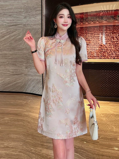 New Chinese style national style dress advanced improved cheongsam gold thread embroidery sweet temperament foreign style skirt women summer