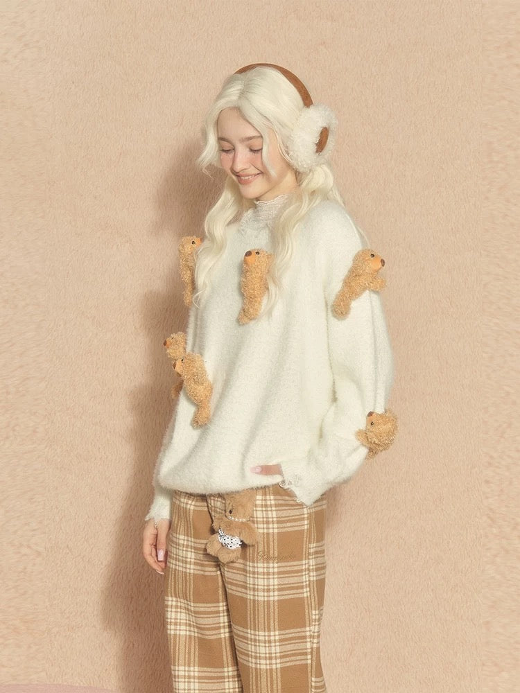 Natural bear doll cute soft waxy lazy sweater for women autumn and winter mohair loose and versatile knitted top