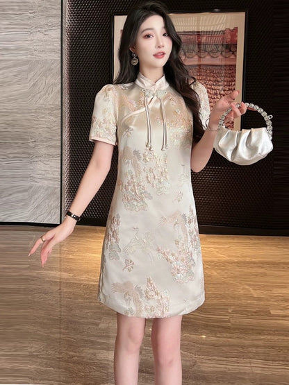 New Chinese style national style dress advanced improved cheongsam gold thread embroidery sweet temperament foreign style skirt women summer