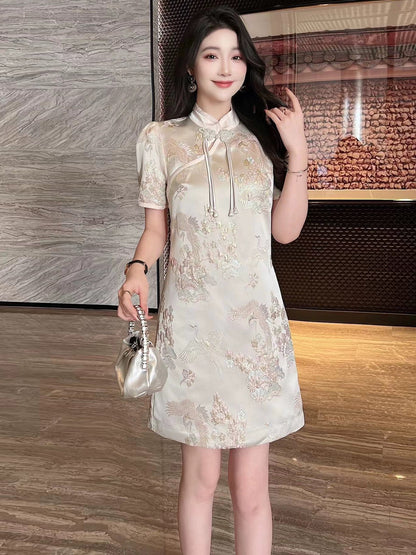 New Chinese style national style dress advanced improved cheongsam gold thread embroidery sweet temperament foreign style skirt women summer