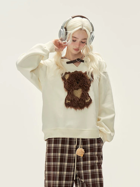 Natural sweet plush bear hooded sweatshirt for women in autumn and winter American design versatile loose jacket top