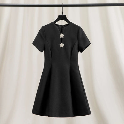 High-end exquisite five-pointed star nail diamond waist-cinching fluffy A-line dress for women summer d family small person looks tall luxury big brand