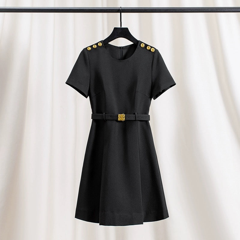 With belt~Niche design 2024 early spring new dress women's summer short-sleeved small person looks taller A-line slim