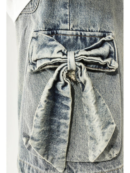 Natural bow denim shorts for women in summer American retro loose straight wide-leg 5-point versatile pants