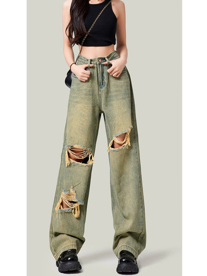 American high street ripped wide leg jeans for women 2023 new summer style loose slimming straight high waist floor-length trousers