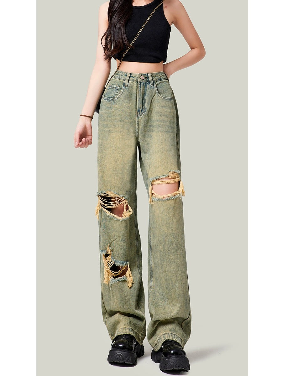 American high street ripped wide leg jeans for women 2023 new summer style loose slimming straight high waist floor-length trousers