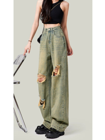 American high street ripped wide leg jeans for women 2023 new summer style loose slimming straight high waist floor-length trousers