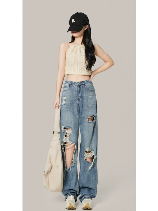 Ripped jeans women's wide-leg pants 2024 spring new high-waisted straight-leg loose slimming floor-length pants for small people