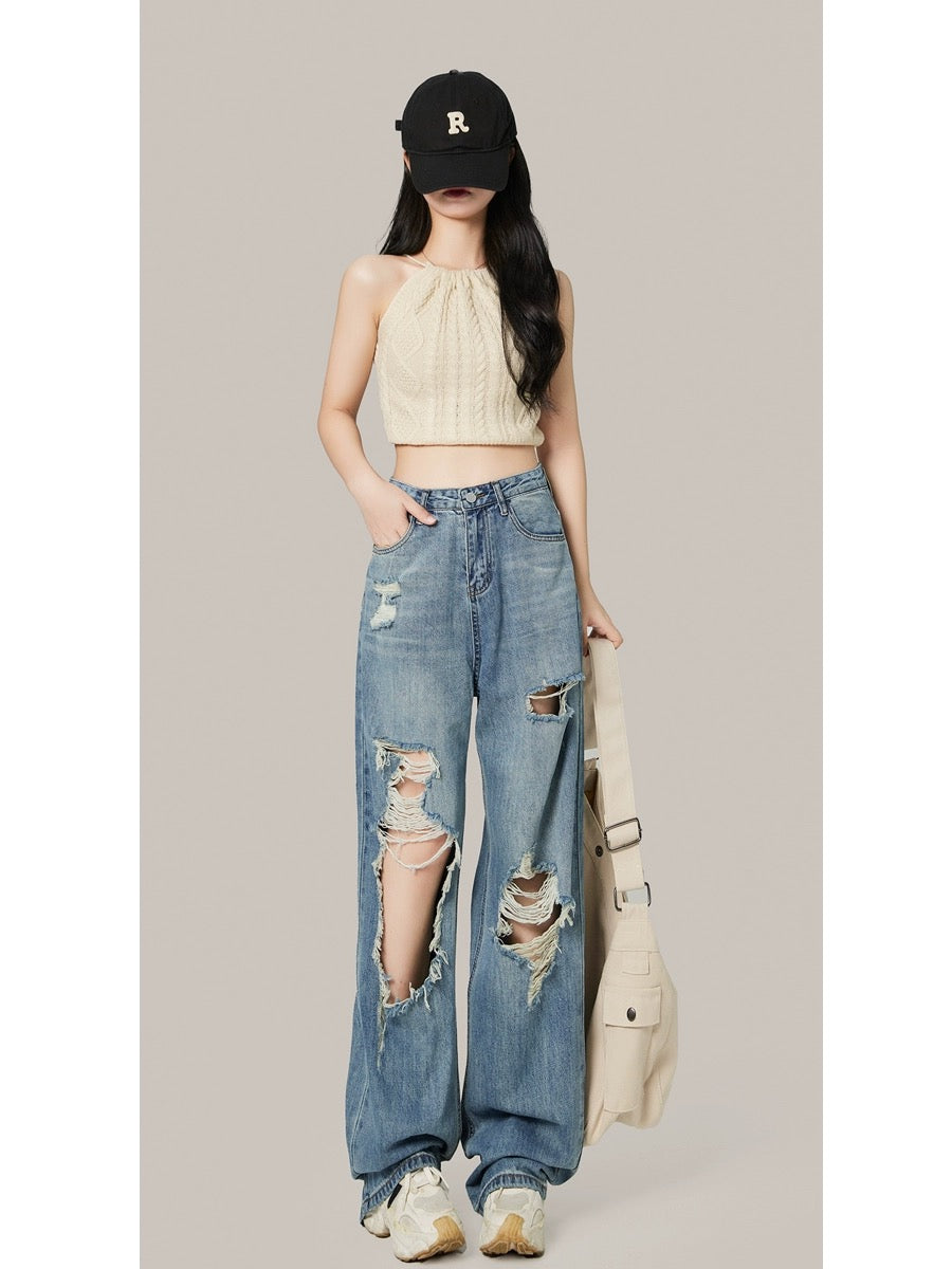 Ripped jeans women's wide-leg pants 2024 spring new high-waisted straight-leg loose slimming floor-length pants for small people