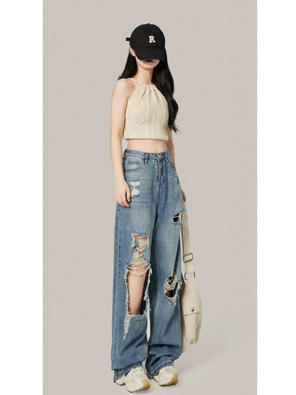 Ripped jeans women's wide-leg pants 2024 spring new high-waisted straight-leg loose slimming floor-length pants for small people